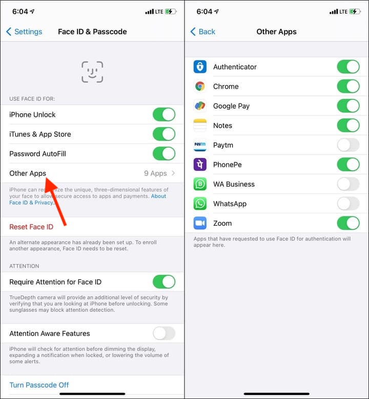 Ensure Face ID is enabled to use with the desired task to fix Face ID unavailable