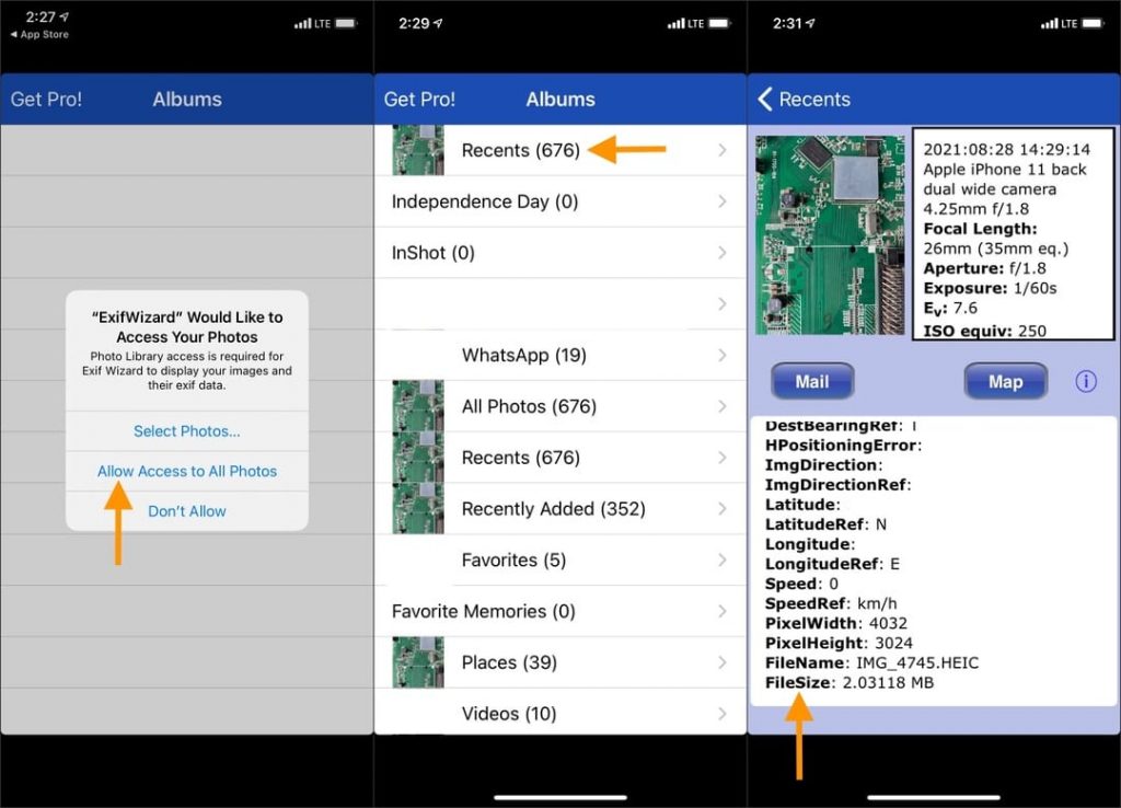 How to see photo and video size on iPhone using Exif Wizard