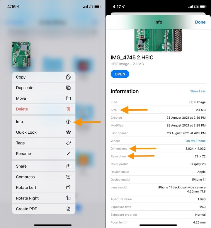 Long-press the image in iPhone Files app and tap Info to see image dimensions, resolution, size, and more