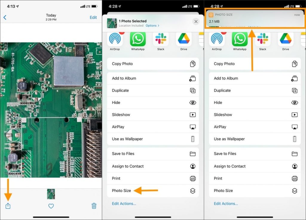 Open image in Photos app tap share icon and shortcut name to see image size on iPhone