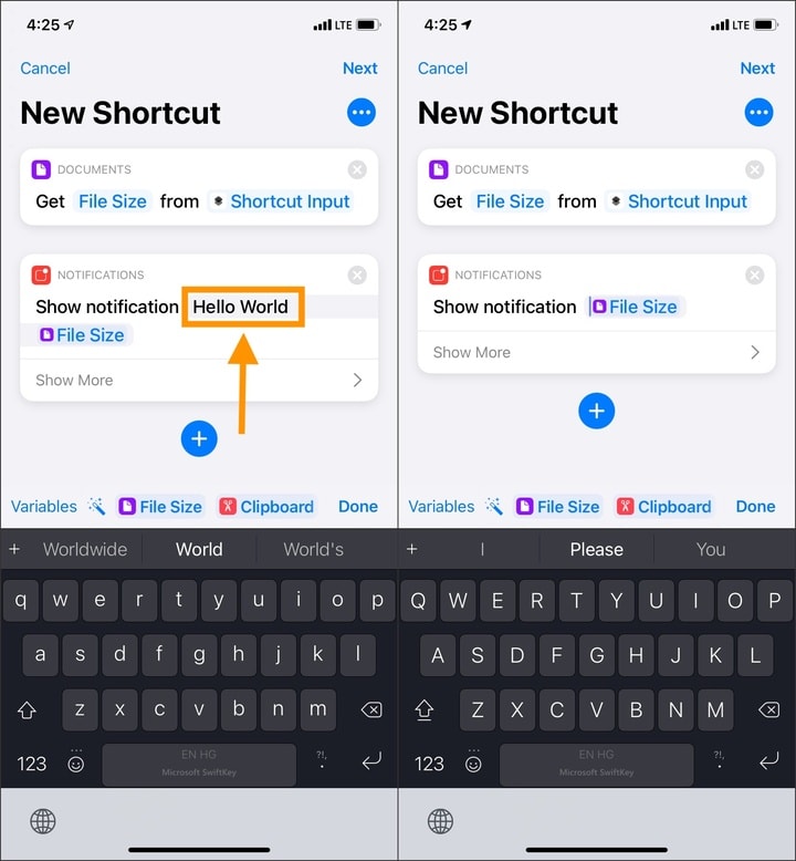 Remove the unnecessary Hello World text from iOS Shortcut