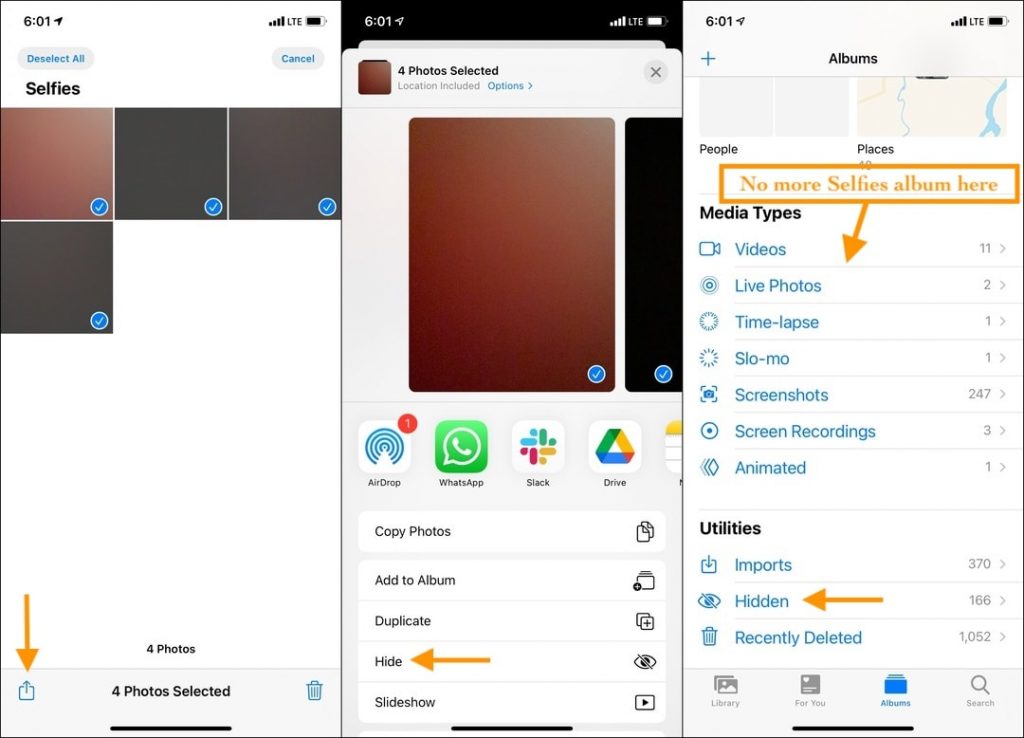 Tap the Share icon and hide images to delete Selfies, Screenshot, or other Media Types albums in the iPhone Photos app
