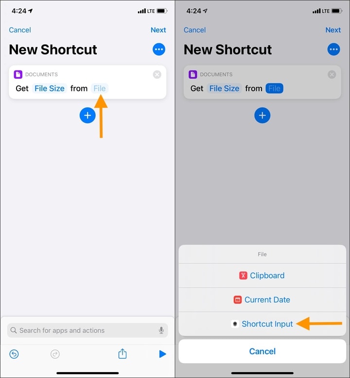 Tap the word File and choose Shortcut Input