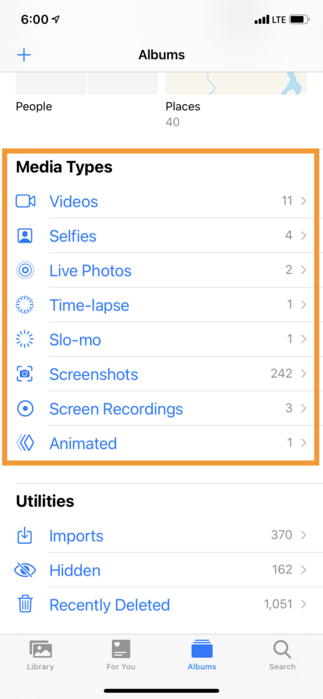 These are the Media Types albums we want to delete in Photos app on iPhone