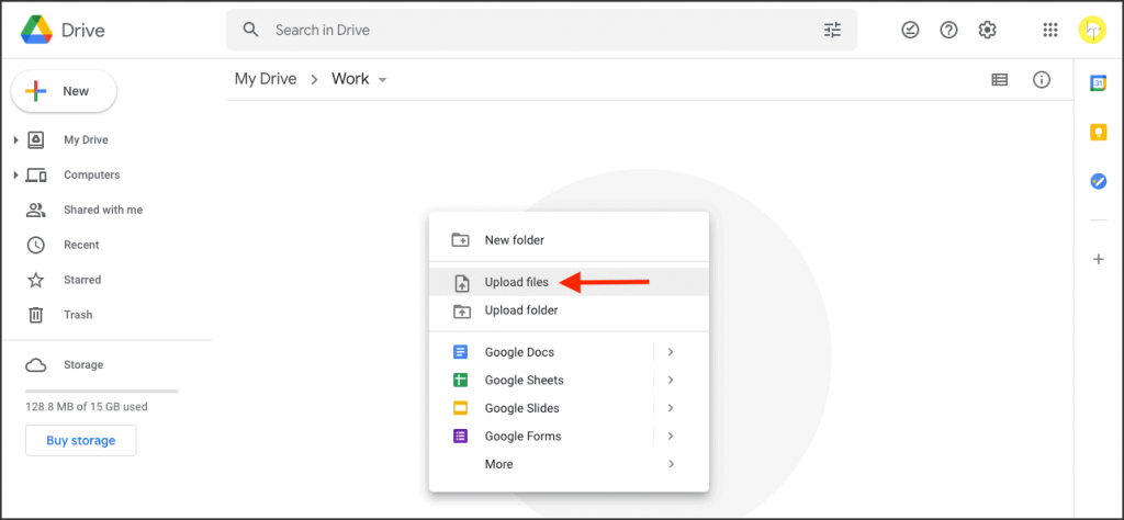 To make ZIP file without MACOSX folder click Upload files in Google Drive on Mac