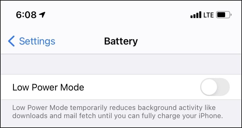 Turn off Low Power Mode from iPhone Settings app